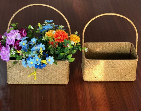 两个藤草编织插花装饰干花蓝子花童鲜花手提篮...