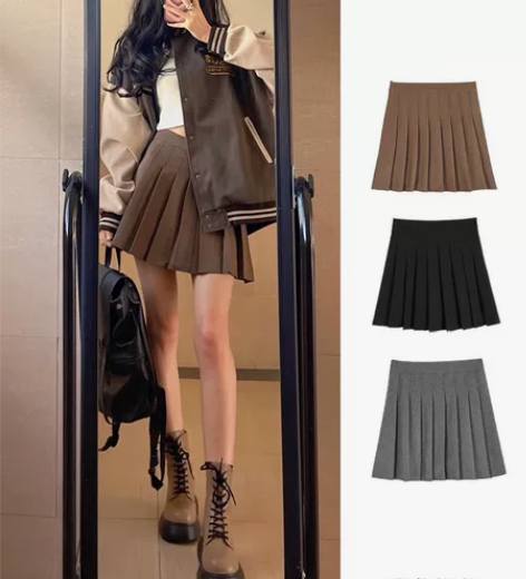 卡其色百褶裙女半身裙短裙春秋冬2023新款...