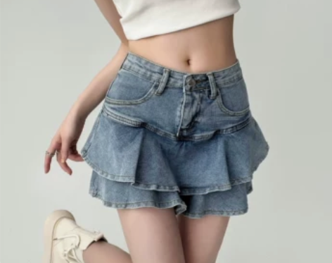 牛仔半身裙女蛋糕裙a字超短裙裤高腰设计感小...