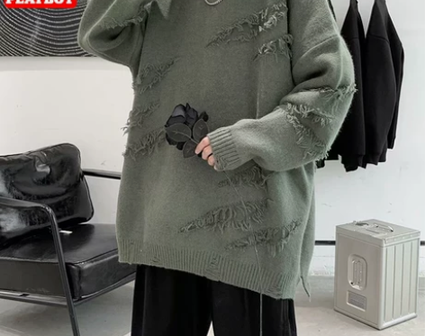 ?花花公子破洞毛衣男冬季潮牌宽松日系慵懒风...
