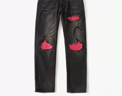 重磅AMIRI MX1粉色拼皮高街牛仔裤修...