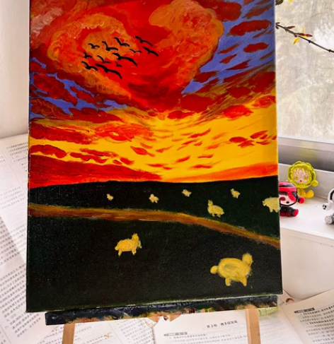 现绘『草原上的心形云』30×40丙烯风景画...