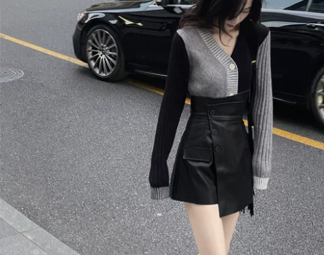 下架 PU皮不对称斜扣A字裙裤女韩版高腰显...