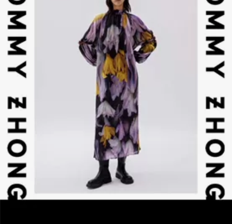 tommyzhong印花荷叶边真丝连衣裙s...