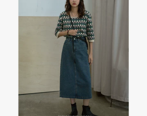 春装一步裙开叉牛仔裙女秋冬高腰中长款a字半...