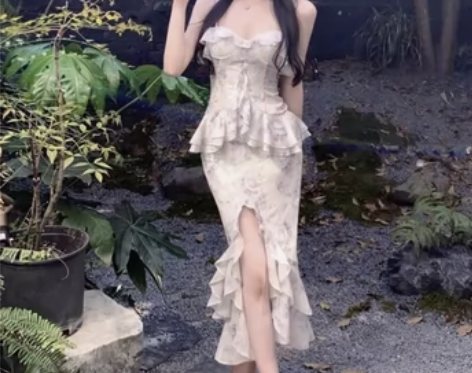 法式纯欲风印花吊带连衣裙女夏季荷叶边收腰开...