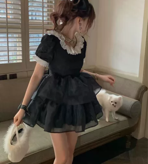 森女系原创想去海边小黑猫可爱公主裙黑色森系...