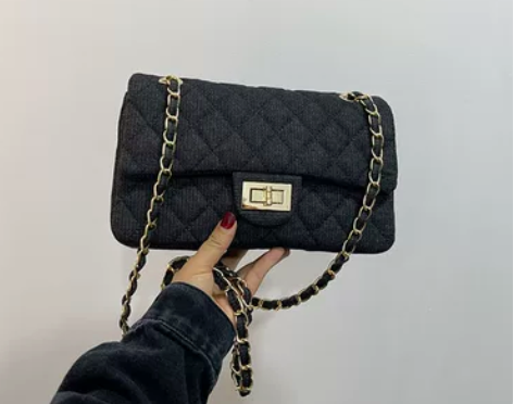 2021秋冬新款小香风黑色中古牛仔布菱格链...