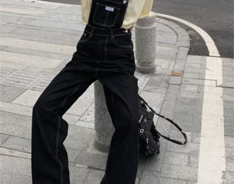 ?高个子复古宽松直筒背带裤女加长版高腰设计...