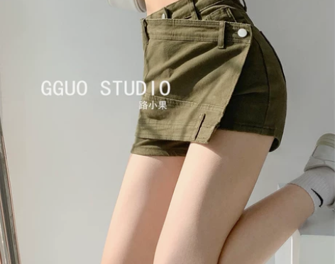 美式复古不规则牛仔短裤女夏高腰显瘦热裤辣妹...