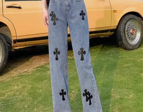 牛仔裤女十字架2024年新款春夏高腰宽松直...