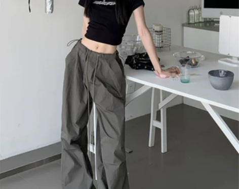 ?美式复古抽绳工装休闲裤女秋季低腰长裤灰色...
