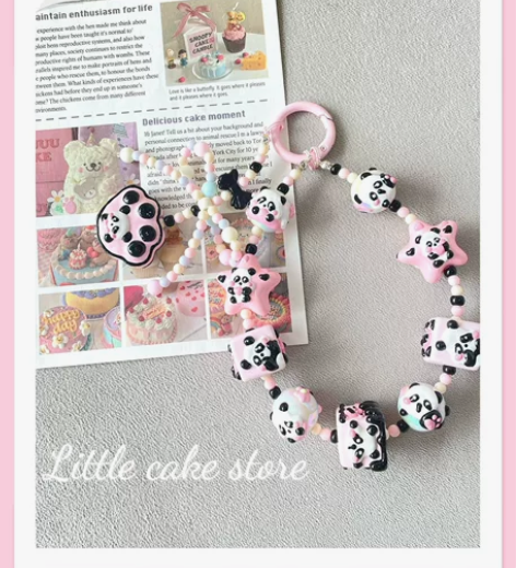 【出】可爱手绘珠手机链提溜  大熊猫手绘珠...