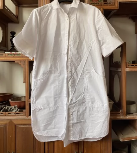 品牌剪标专柜正品白色纯棉短袖中长款衬衫风衣...
