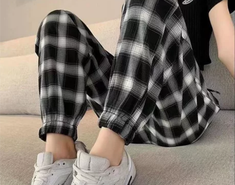 灯笼裤女夏季薄款黑白格子束脚裤学生韩版宽松...