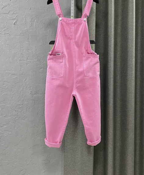 背带牛仔裤 牛仔背带裤九分裤粉色女2023...