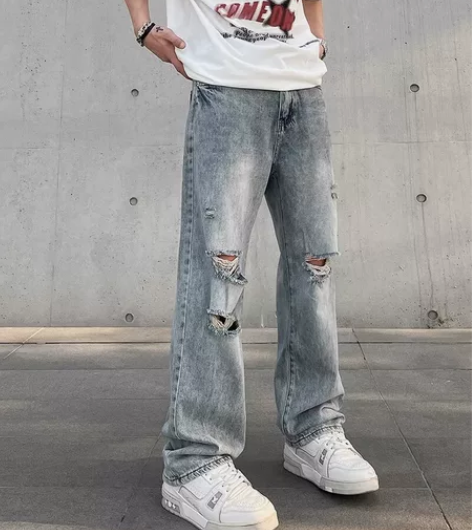 美式高街复古做旧刀割破洞牛仔裤男vibe嘻...