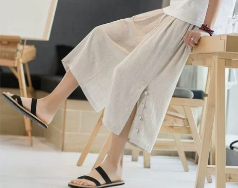 【全新包邮】中式盘扣七分裤开叉亚麻裤男冰丝...