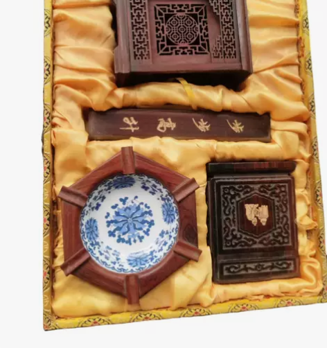 老挝大红酸枝礼盒四件套实木红木雕刻镇尺笔筒...