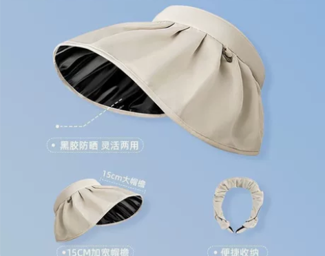 新款遮阳防晒帽女夏季黑胶防紫外线贝壳空顶帽...