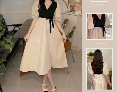 大码法式v领盐系轻熟穿搭连衣裙夏季微胖女孩...