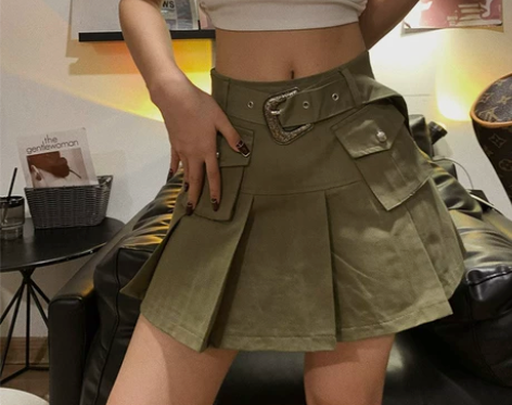 BIG BIU新款美式复古辣妹军绿色百褶裙...