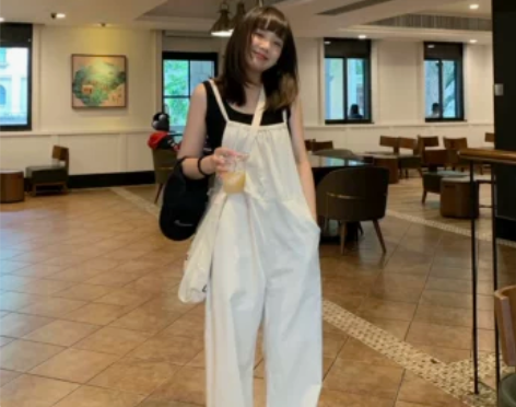DouDou痘学院风胚布背带连体裤女春夏新...