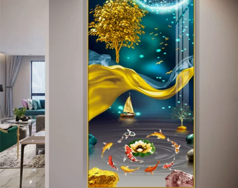 九鱼纳财玄关装饰画现代走廊过道晶瓷画轻奢客...