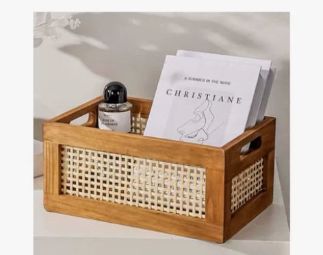 复古藤编收纳筐桌面整理盒书本收纳箱杂志收纳...