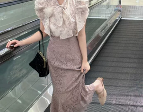 西柚妹 S家甜美仙女高腰荷叶边蕾丝镂空鱼尾...