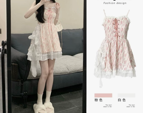 油画秘境春夏装俏皮可爱甜美抽绳吊带碎花连衣...