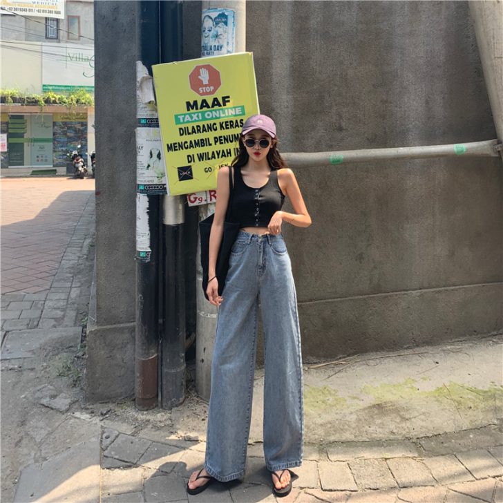 阔腿牛仔裤女直筒宽松高腰显瘦裤子女2021...