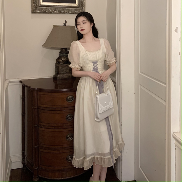 仙气超仙森系连衣裙蝴蝶结设计感小众泡泡袖气...