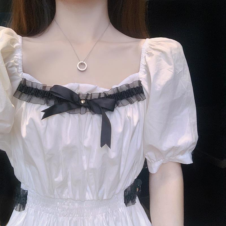 设计感蝴蝶结裙子仙女超仙森系泡泡袖方领泡泡...