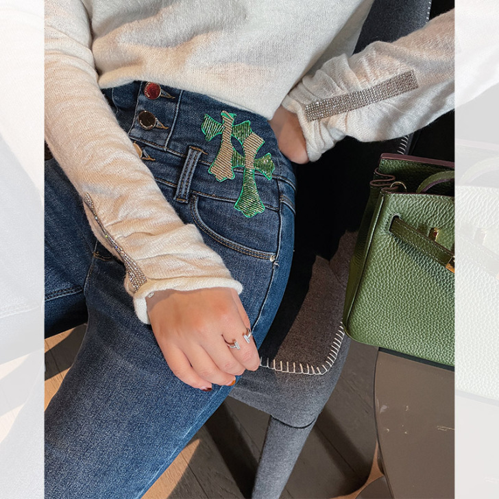 巴掌家【腔调瘦瘦裤】豹纹牛仔裤女高腰显瘦春...