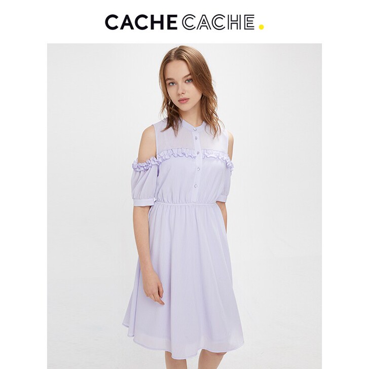 CacheCache紫色收腰显瘦连衣裙夏2...
