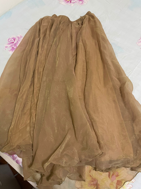 百褶裙金沙色长摆裙中腰仙女裙蓬蓬裙春夏秋长...