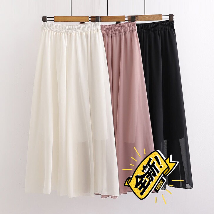 夏季半身裙女中长款雪纺长裙白色蛋糕裙A字裙...