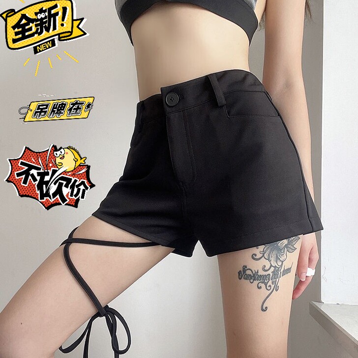 夏季小众设计感绑带修身高腰短裤女百搭休闲裤...
