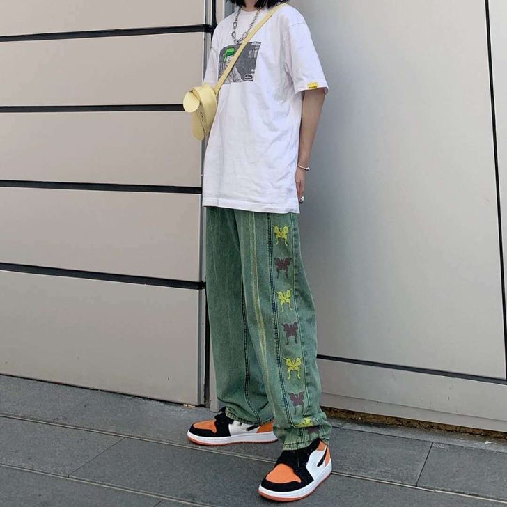 ins韩版复古渐变蝴蝶刺绣百搭BF嘻哈宽松...