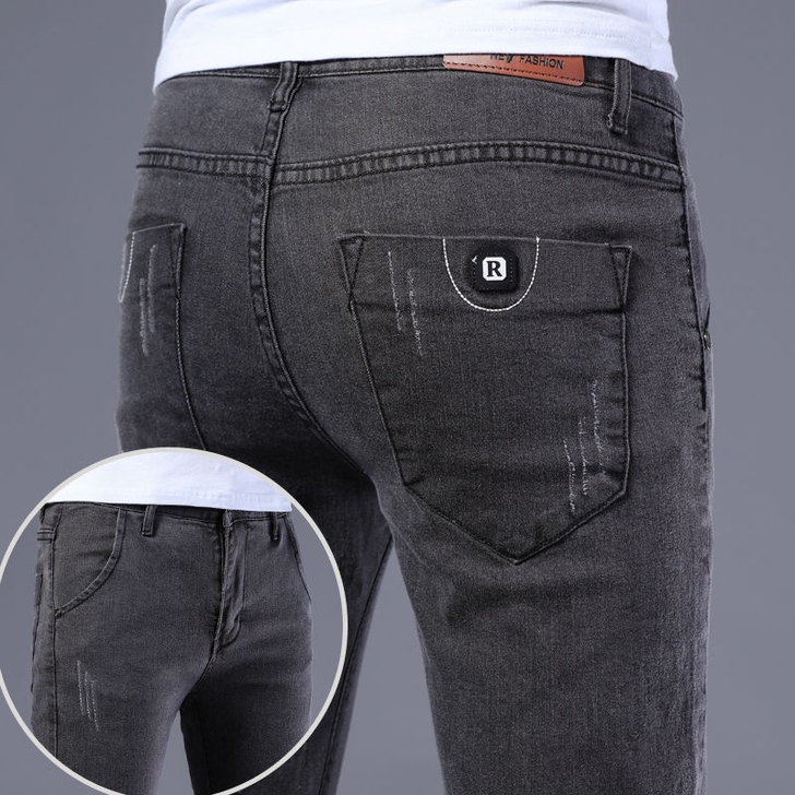 夏季薄款深灰色牛仔裤男士修身潮流小脚子男长...