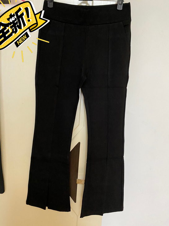 女裤九分裤开衩黑色微喇裤长裤修身显瘦弹力s...