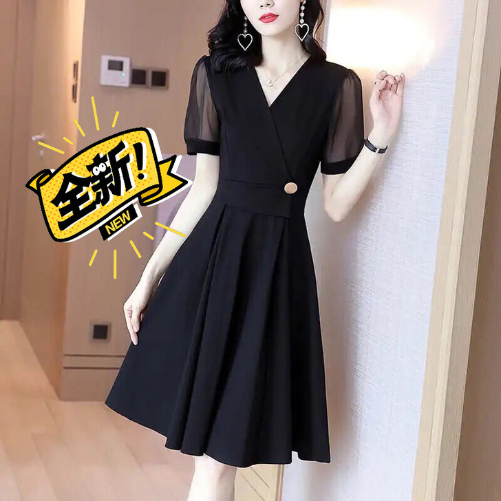 长裙女夏法式2021新款短袖黑色修身名媛赫...