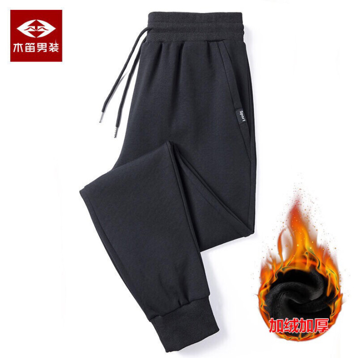木笛秋冬加绒加厚运动裤男纯棉休闲裤小脚收口...
