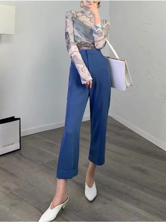 裤子高垂感直筒九分裤高腰显瘦