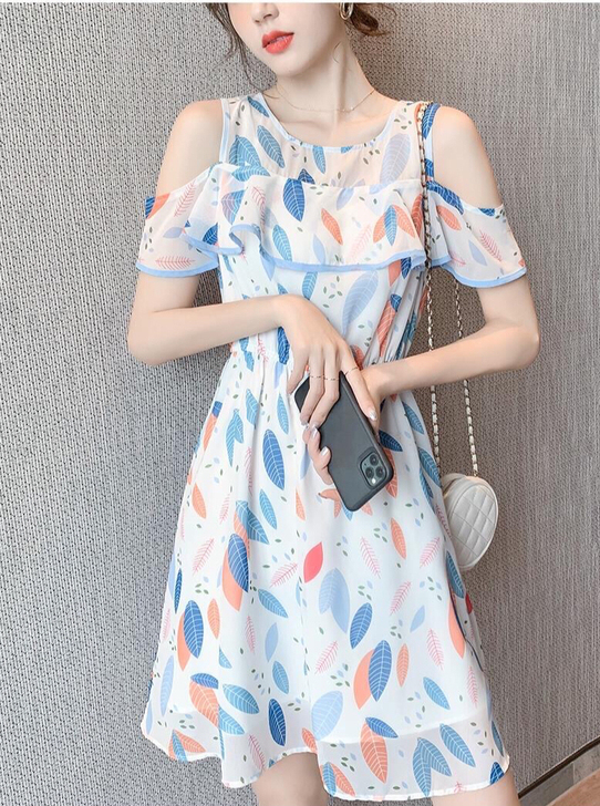 雪纺露肩连衣裙女夏2021新款森系裙子田园...