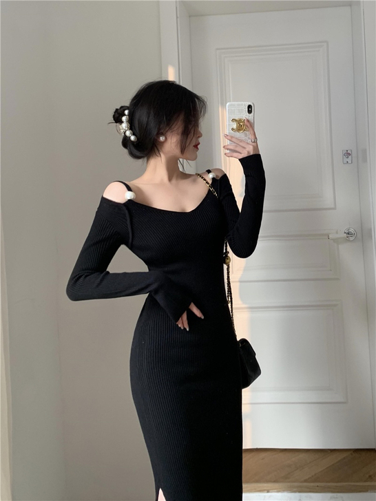 V领打底针织连衣裙收腰显瘦气质长款包臀长裙