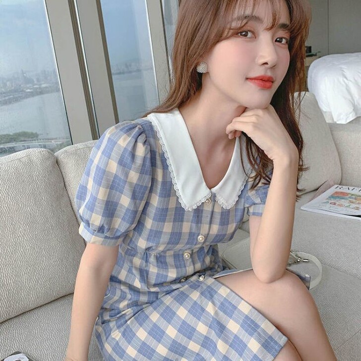 小个子连衣裙女夏装2021年新款蓝色格子小...