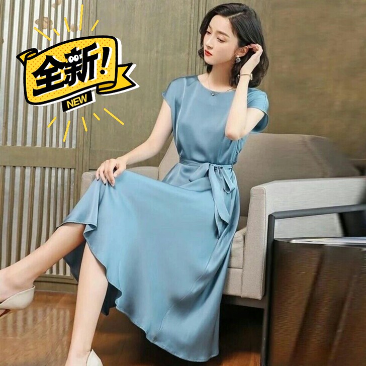 商场撤柜高端女装冰丝连衣裙夏修身系带中长款...