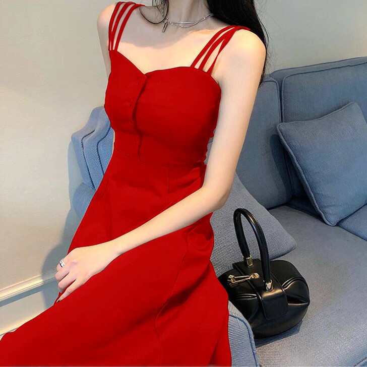 清仓处理2021夏季新款红色气质显瘦长裙性...